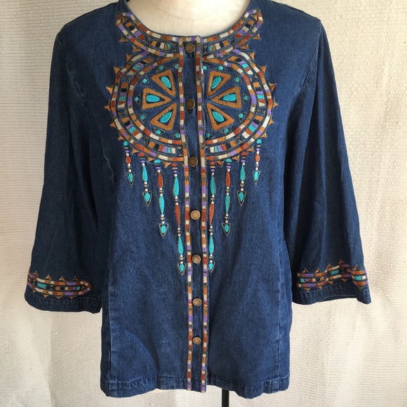 Bob Mackie Vintage Embroidered Denim Shirt Jacket - Picture 1 of 8